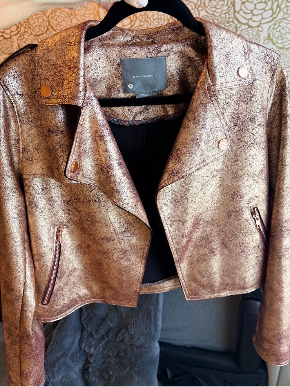 Anthropologie Metallic Rose Gold Cropped Moto Jacket